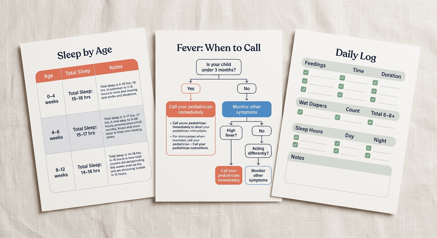 Sample pages from The First 90 Days — sleep table, fever decision tree, and daily tracker